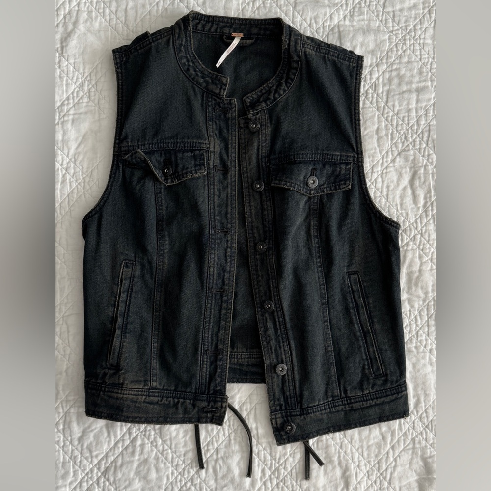 Free People Distressed Lace-Up Black Jean Vest Medium